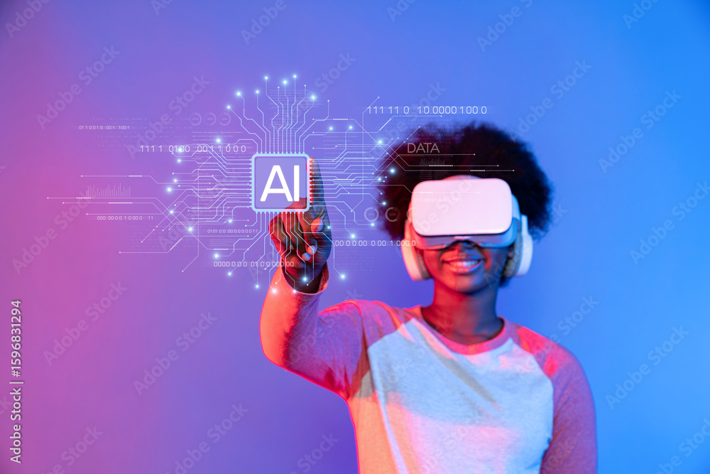 Poster a young individual embraces virtual reality while exploring artificial intelligence technology. the 