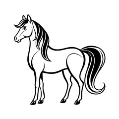 Vector art of a stylized black and white drawing of a horse standing isolated on white background