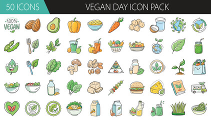 Vegan Day icon set with plant-based food and eco elements - Illustrated icon pack focused on Vegan Day, featuring plant-based foods, eco-friendly items, vegetables, labels, and healthy lifestyle symbo