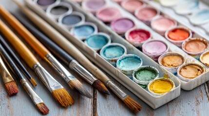 Watercolor paint palette with brushes in soft pastel arrangement
