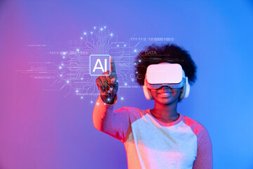 A young individual embraces virtual reality while exploring artificial intelligence technology. The...