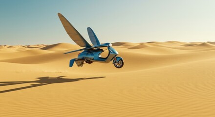 Futuristic, blue flying scooter in desert