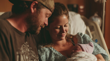 New parents looking at their baby in the hospital, people in society, photo style