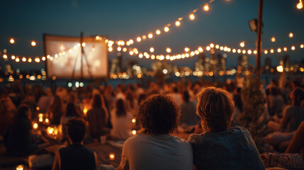 Friends watching a movie under the stars at a rooftop cinema, people in society, photo style