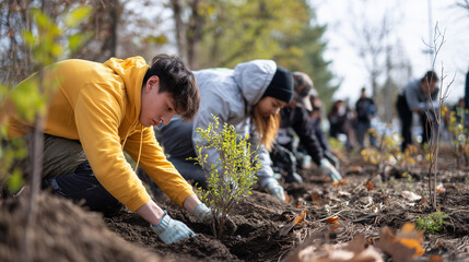 Students planting trees on a community clean-up day, people in society, photo style