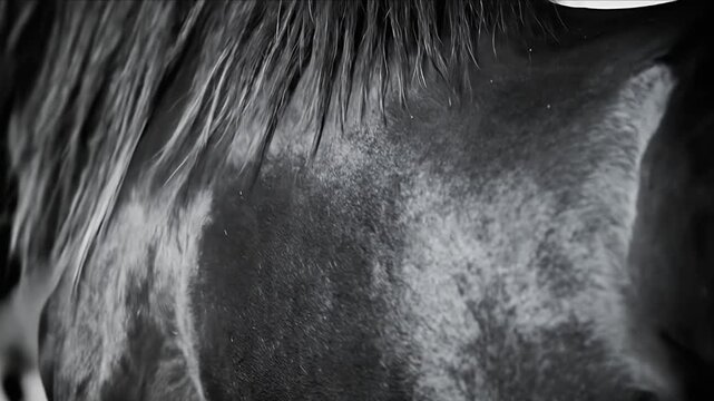 Close-up of a horse's head, grayscale, showing fur and details