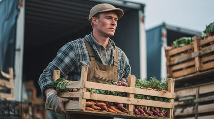 Young farmer carrying crates of vegetables to a truck, farmers working, photo style