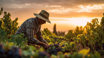Farmer harvesting grapes in a vineyard at dawn, farmers working, photo style