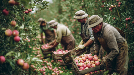 Family of farmers harvesting apples in an orchard, farmers working, photo style