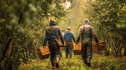 Family of farmers harvesting apples in an orchard, farmers working, photo style