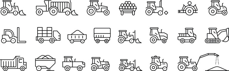 Agriculture and construction vehicle icons – Line vector set of tractors, harvesters, loaders, dump trucks, and farming machinery illustrations