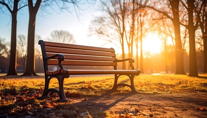 Park bench bathed in golden sunlight