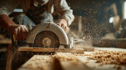 Sawdust flying as a carpenter uses a circular saw, workshop, photo style