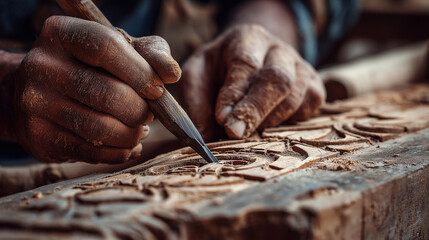 Close-up of hands carving wood with a chisel, workshop, photo style
