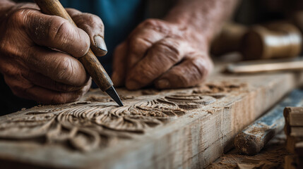 Close-up of hands carving wood with a chisel, workshop, photo style