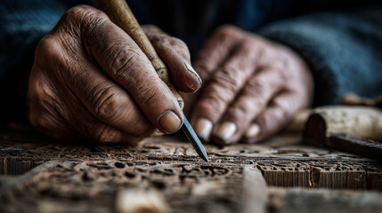 Close-up of hands carving wood with a chisel, workshop, photo style