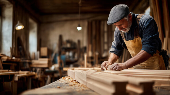 Carpenter assembling a wooden chair frame, workshop, photo style