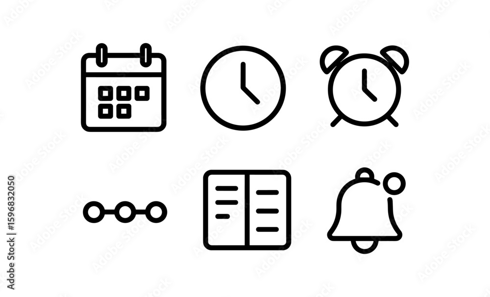 Poster minimalist time and reminder icons set in linear design for productivity apps
