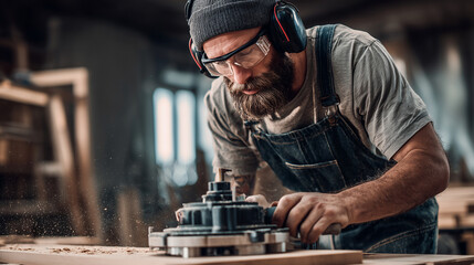 Carpenter wearing safety goggles and working with a router, workshop, photo style