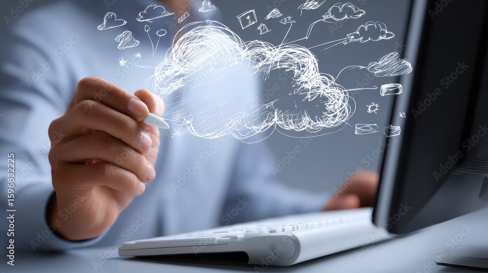 Aufkleber businessman hand working with a cloud computing diagram on the new computer interface as concept, no