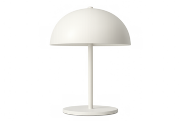 Sleek white table lamp emitting soft glow, illuminating clean workspace with modern minimalist design against pristine backdrop