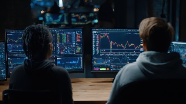 Two diverse crypto traders brokers stock exchange market investors discussing trading charts research reports growth using pc computer looking at screen analyzing invest strategy, financial risks., n