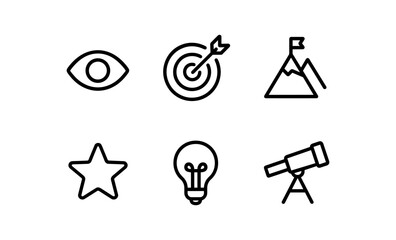 Minimalist line icons of vision, goals, achievement, innovation, and exploration