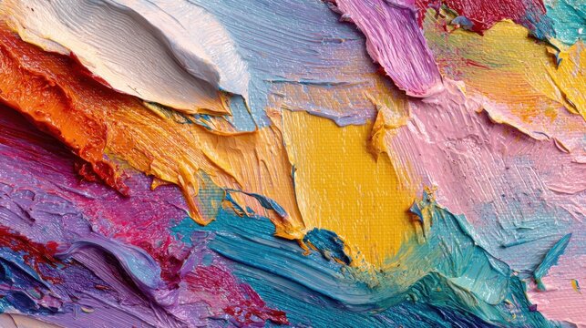 Closeup of abstract rough colorful multicolored art painting texture, with acrylic oil brushstroke, pallet knife paint on canvas