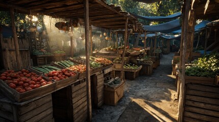 Farmers market at dawn vibrant colors fresh produce rustic wooden stalls morning light warm glow wideangle shot