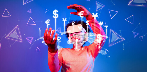 Explore the futuristic world of digital currency trading through virtual reality visuals displaying...
