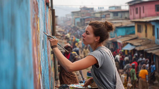 A young artist painting a mural on a community wall, people in society, photo style