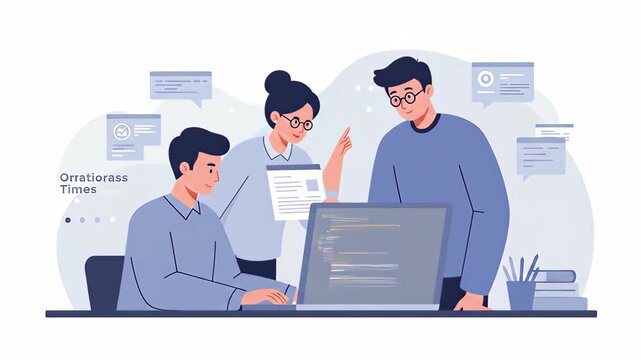 Flat vector a team of developers is working on a coding project, discussing the software design and programming interface on a laptop