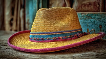 A vibrant straw hat featuring a colorful trim rests on a textured wooden surface, symbolizing summertime joy and the allure of leisurely outdoor activities in a rustic setting.