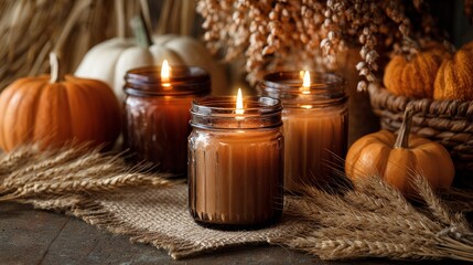 Mason jar candles surrounded by pumpkins and dried wheat stalks