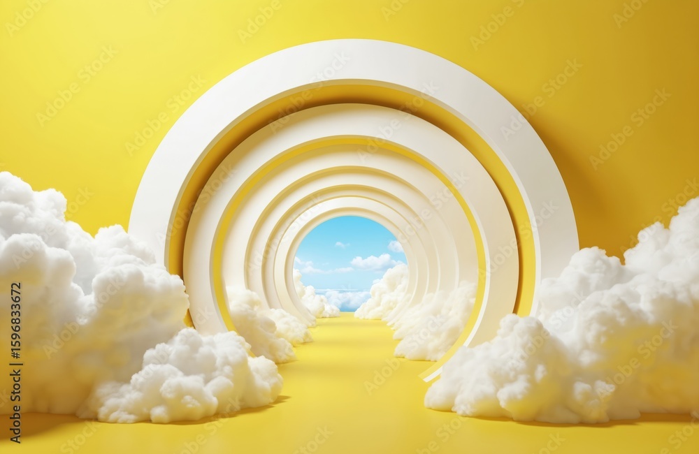 Poster fantastical scene with large circular windows, fluffy white clouds on soft yellow background. two wh