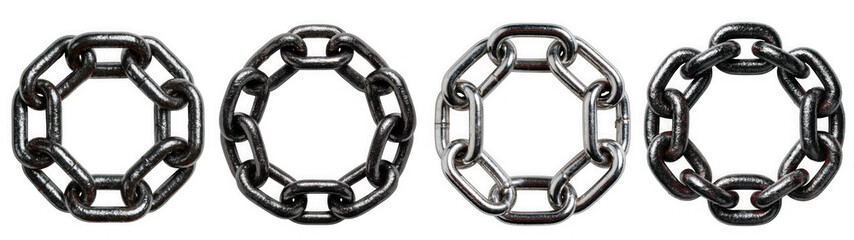 Obraz premium Four different metal chain links arranged in circular patterns on a transparent background