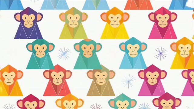 Colorful geometric monkeys arranged in a repeating pattern