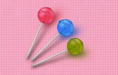 Design of 3 lollipops of different flavors on a printed pink background