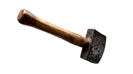 Rustic heavy metal mallet with a wooden handle resting on a white surface for construction or manual work design.
