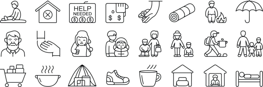 Naklejki Homeless aid and support icon set – Line art symbols of shelter, donation, food aid, poverty relief, and human services