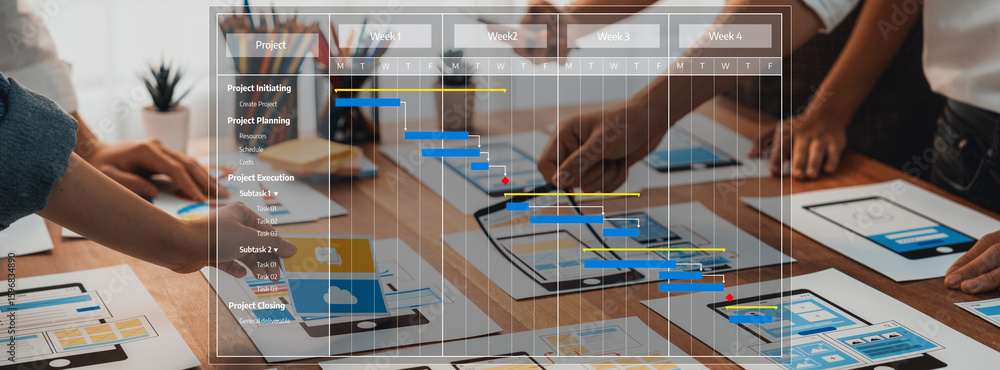 Poster a dynamic team engages in project management sessions, utilizing gantt charts and collaborative tool