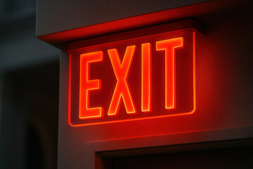 Illuminated Red Exit Sign Mounted Above Doorway Casting Warm Glow on Wall