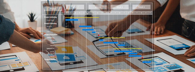 A dynamic team engages in project management sessions, utilizing Gantt charts and collaborative...