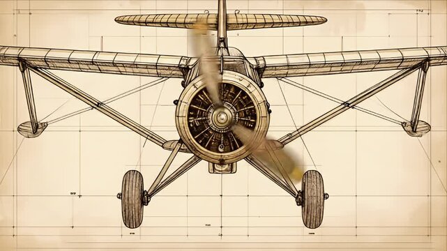 Detailed blueprint of a vintage aircraft with a spinning propeller