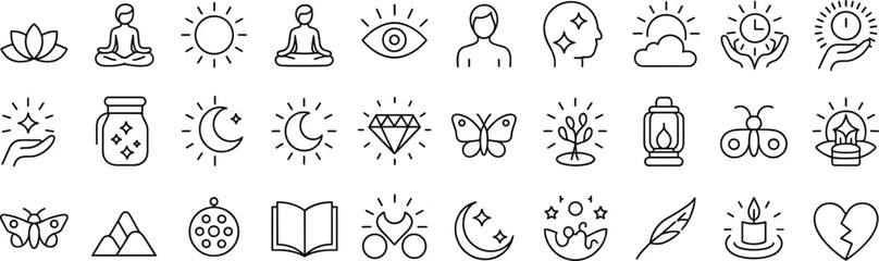 Mystical wellness icon set – Line art symbols of meditation, moon phases, crystals, nature, and mindfulness for spiritual design
