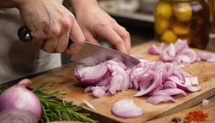Wooden cutting board holds sliced red onions, green onions, parsley, potatoes. Hands cradle green onion, ready to chop. Fresh ingredients for homemade pickled delicacies. Spices and seasonings nearby.