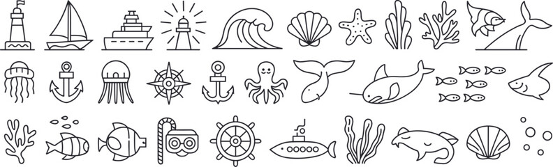 Ocean and sea life icon set – Nautical vector illustrations of marine animals, boats, shells, waves, coral, and underwater symbols