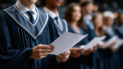 Graduation Students in Gowns Celebrating with Diplomas Together