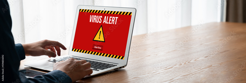 Aufkleber virus warning alert on computer screen detected modish cyber threat , hacker, computer virus and mal