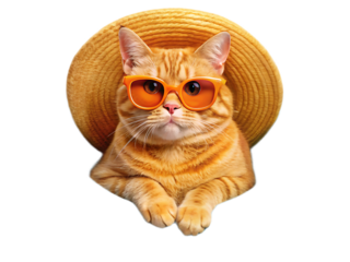 Orange tabby cat wearing a yellow straw hat and orange sunglasses on a black background looking forward